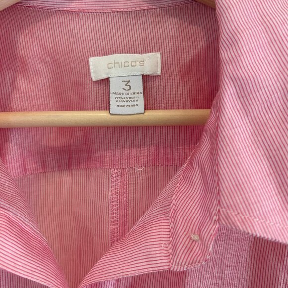 Chico's Top SZ3 Pink Roll Tab Sleeve Button Front Collar Safari Smocked Waist - Picture 7 of 8